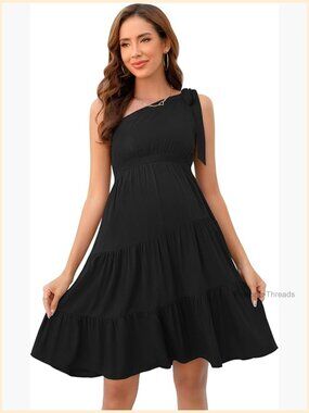 Maternity One Shoulder A-Line Flowy Mini Dress Sleeveless Tie